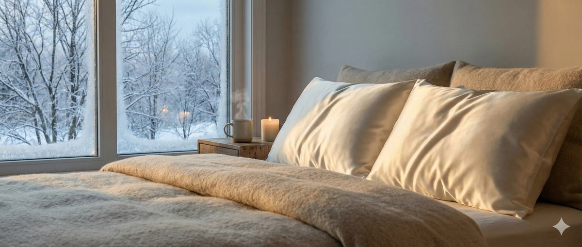 chambre avec une ambiance cocooning chaude, en hiver, neige dehors  Bild