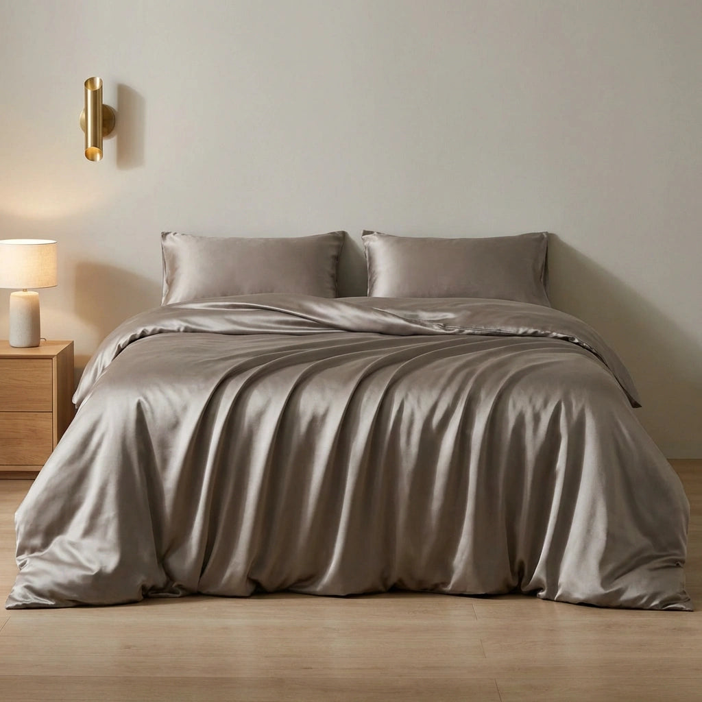 parure de lit en soie beige gris 